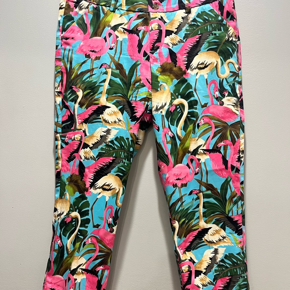Women's Stretch‎ Loudmouth Golf Flamingo Print Capri Cropped Pants Size 4 - Picture 2 of 14
